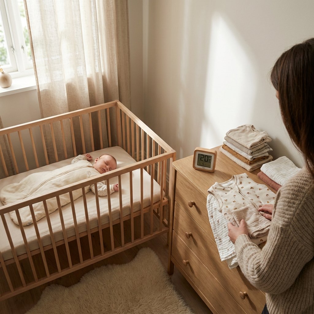 Rustige babykamer met slapende baby in slaapzak, ouder die stoffen slaaplagen controleert bij zacht daglicht naast het ledikant.