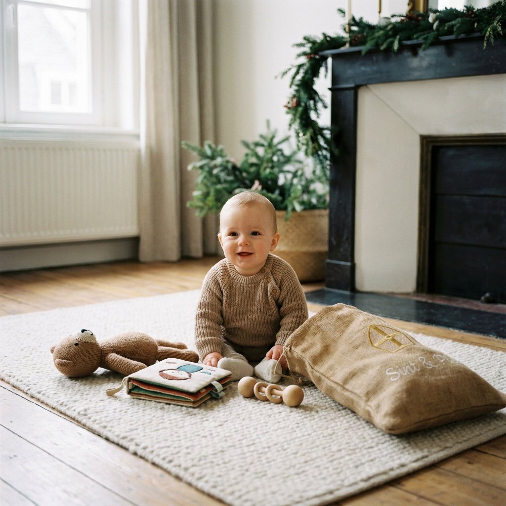 Baby zit op een zacht kleed met een knuffel, stoffen boekje en rammelaar naast een Sinterklaaszak in een warme, huiselijke woonkamer.