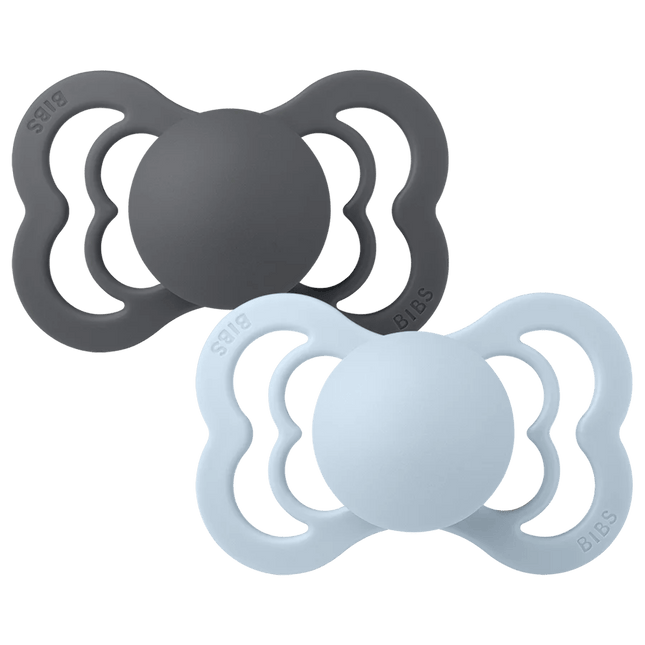 BIBS Speen Maat 2 Iron/Baby Blue Supreme Silicone 2st koop je bij Babywinkel