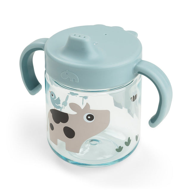 Leerbeker met tuit en handvatten Tiny farm Blue koop je bij Babywinkel