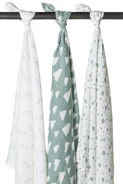 Meyco Hydrofiele Doek 3St Feathers - Clouds - Dots Stone Green/Wit koop je bij Babywinkel