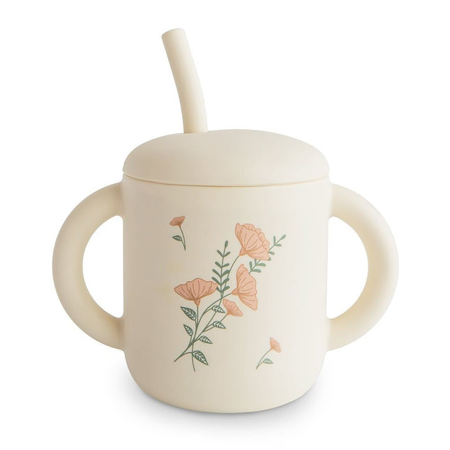 Mushie Oefenbeker Rietje Pink Flowers koop je bij Babywinkel