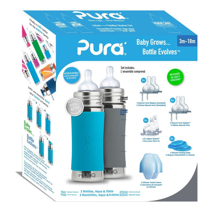 Pura Babyfles Staterset 325Ml Aqua/Grijs 12 delig koop je bij Babywinkel