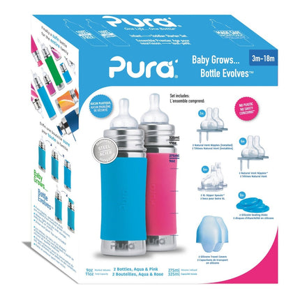 Pura Babyfles Staterset 325Ml Aqua/Roze 12 delig koop je bij Babywinkel